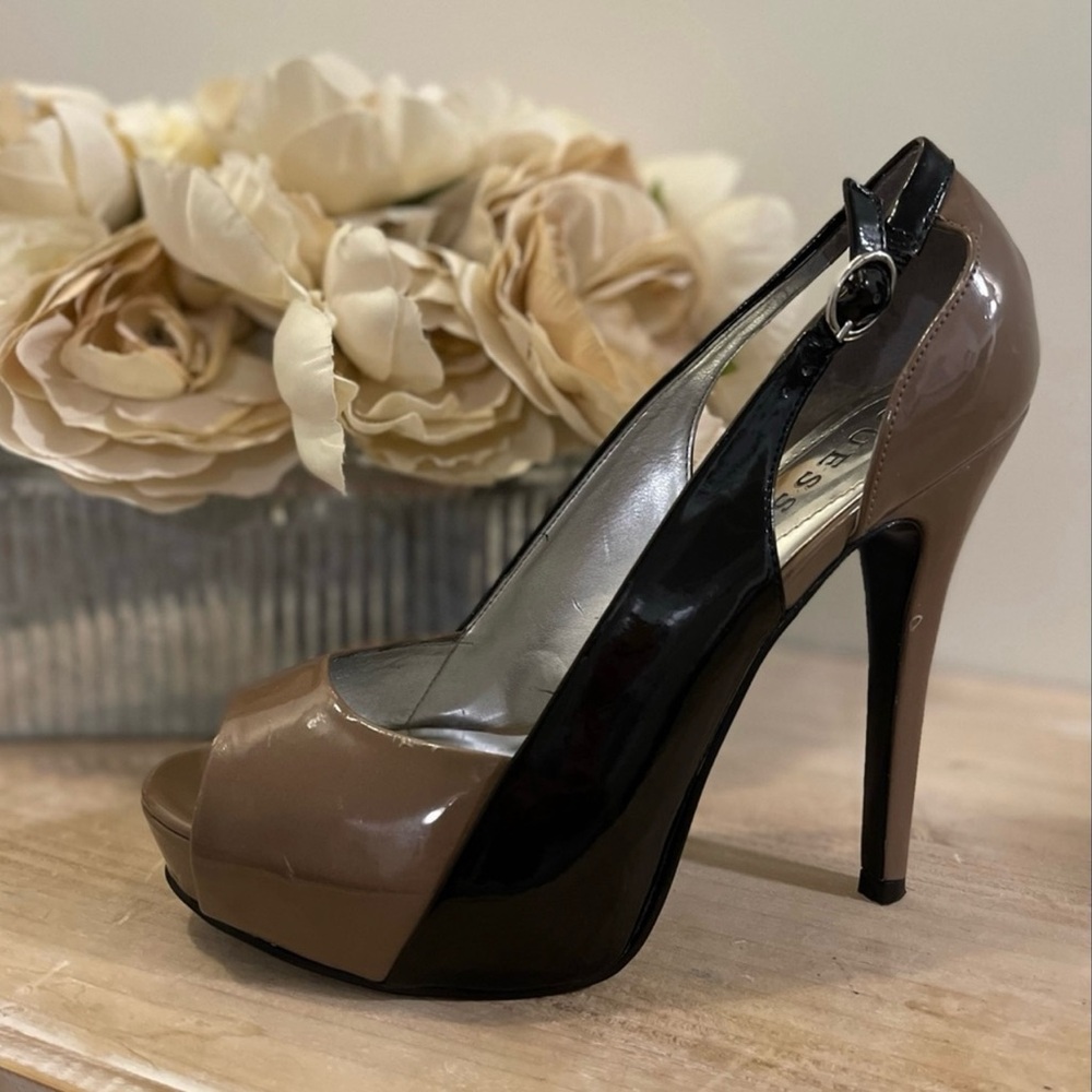 Guess Black and Brown Peep Toe Heels